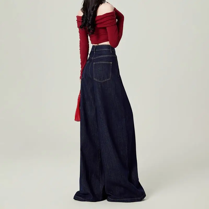 Dark Blue Wide Leg Pants with Hip Cover Top Set