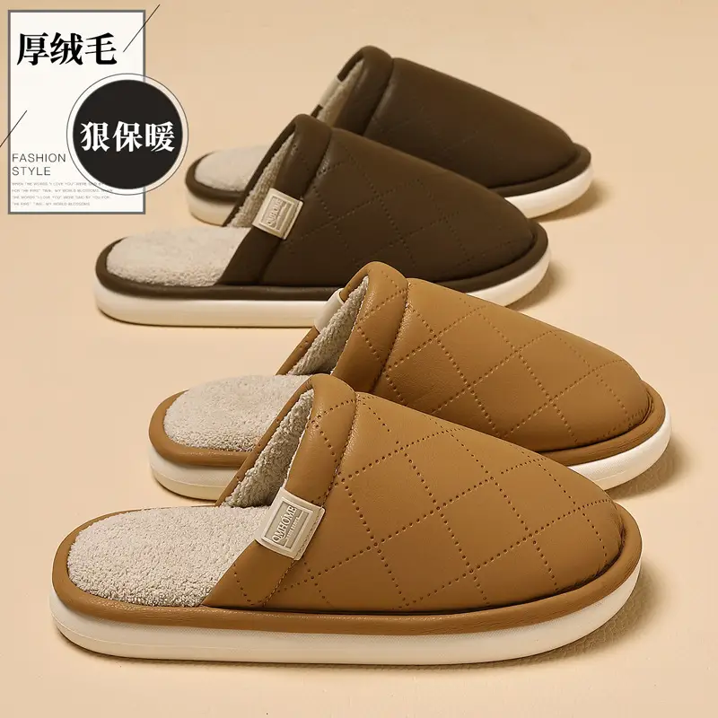 Home Cotton Slippers for Women, Winter Pu Waterproof Indoor Household Slippers for Men, Large Size Warm Plush Cotton Slippers for Men, Wholesale - Image 9