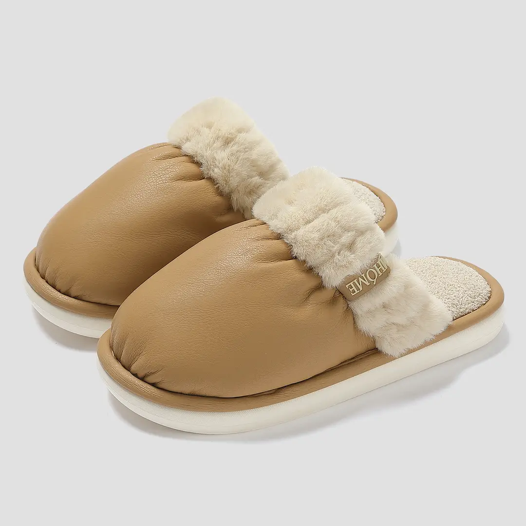 Home Cotton Slippers for Women, Winter Pu Waterproof Indoor Household Slippers for Men, Large Size Warm Plush Cotton Slippers for Men, Wholesale - Image 5