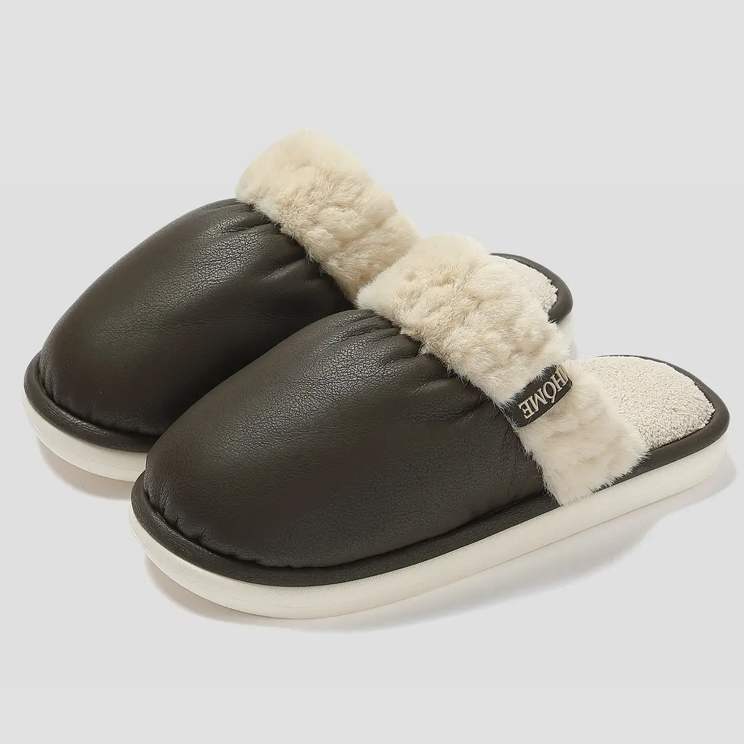 Home Cotton Slippers for Women, Winter Pu Waterproof Indoor Household Slippers for Men, Large Size Warm Plush Cotton Slippers for Men, Wholesale - Image 7