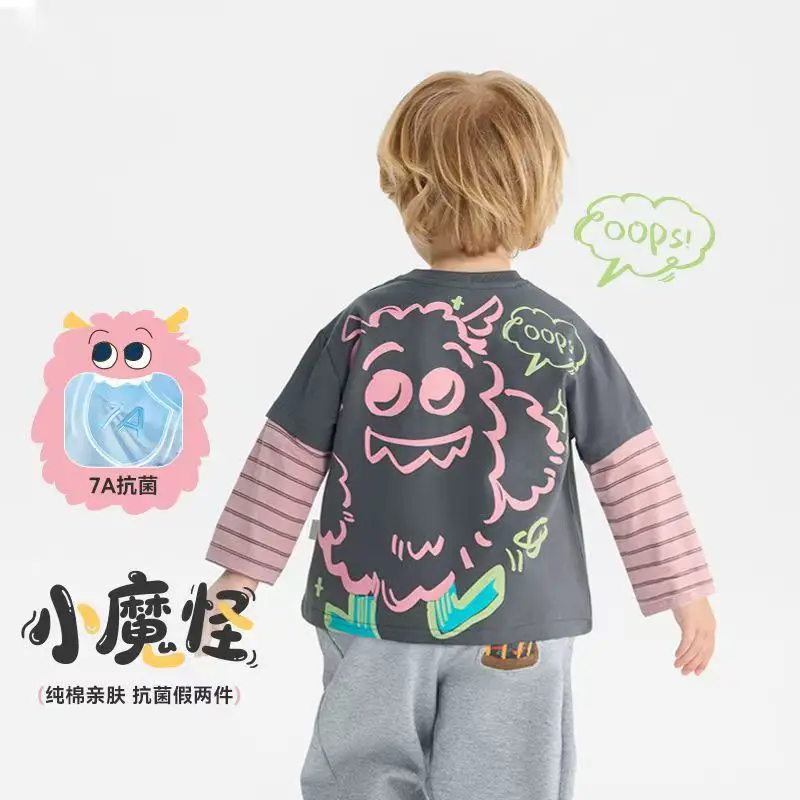Boys Fake Two-Piece Long Sleeve T-Shirt Cartoon Pink