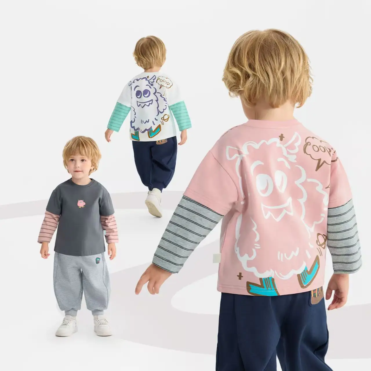 Boys Fake Two-Piece Long Sleeve T-Shirt Cartoon Pink — feature 1