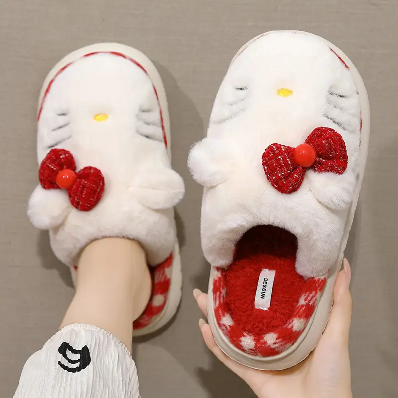 Women Winter Bow Slippers Warm Plush Red White