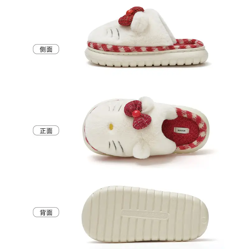 Women Winter Bow Slippers Warm Plush Red White