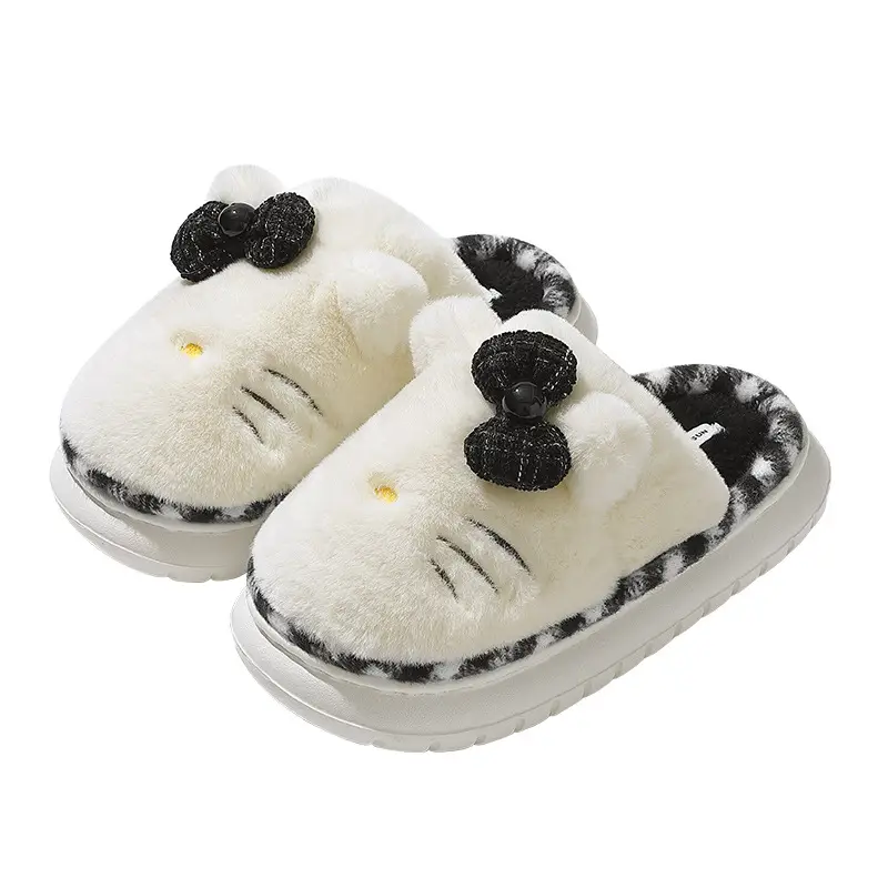 Women Winter Bow Slippers Warm Plush Red White