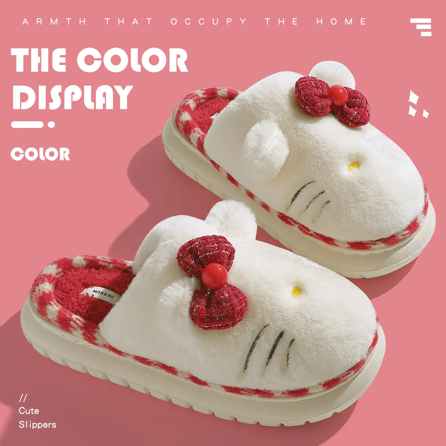 Women Winter Cartoon Cotton Slippers Warm Red White - Image 6