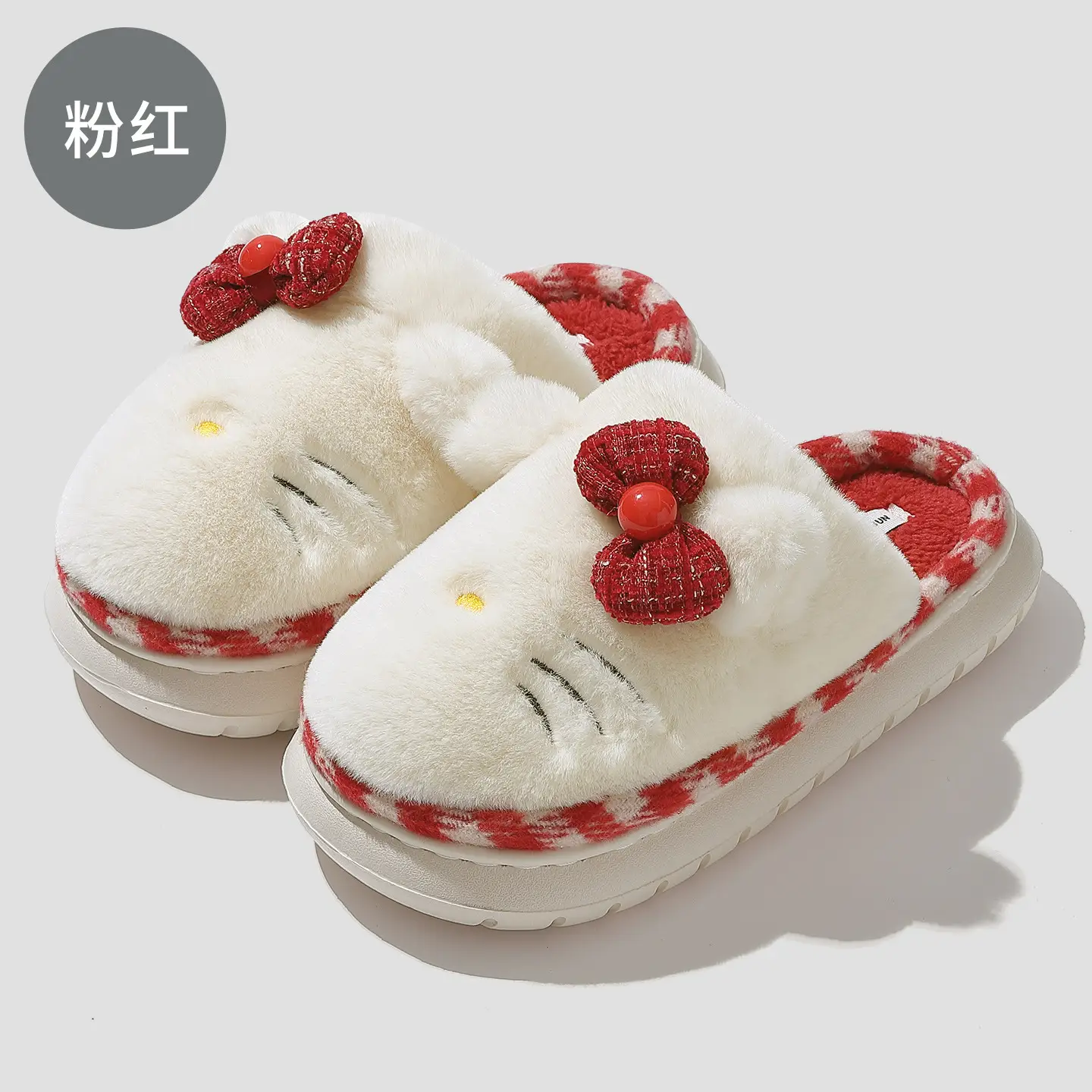 Women Winter Cartoon Cotton Slippers Warm Red White - Image 2