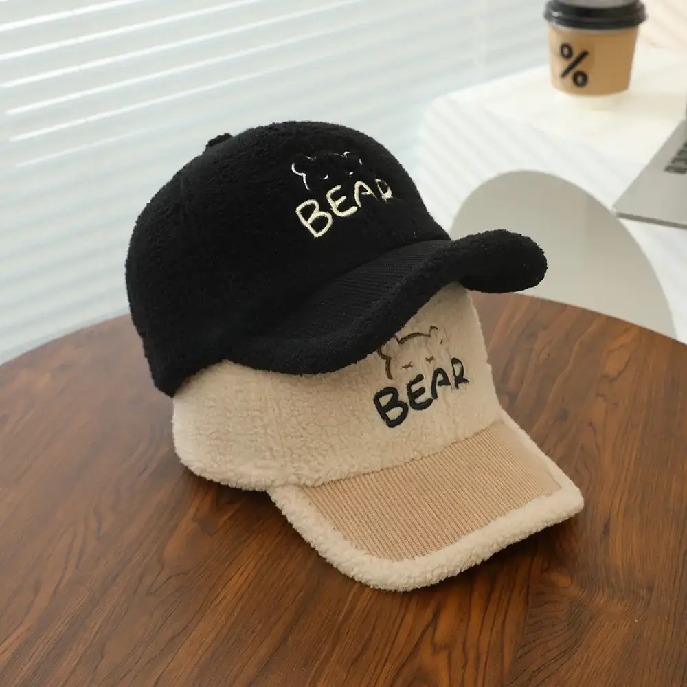 Baby Embroidered Bear Brim Cap Beige Wool - Image 6