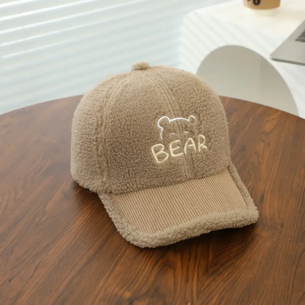 Baby Embroidered Bear Brim Cap Beige Wool - Image 2