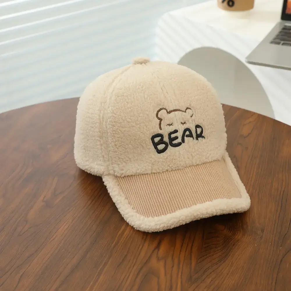 Baby Embroidered Bear Brim Cap Beige Wool - Image 3