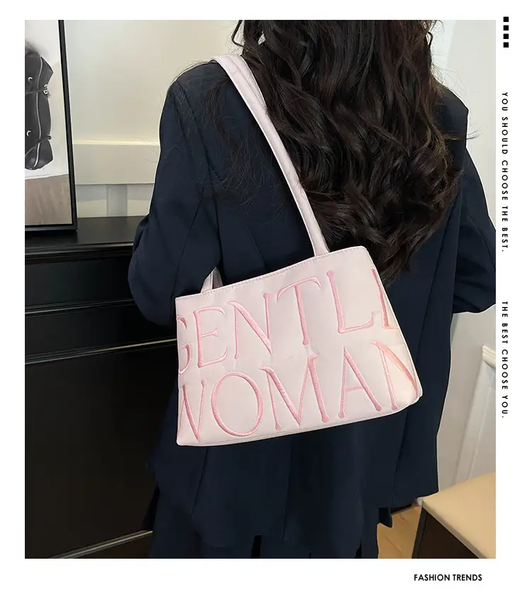 Pink Satin Letter Embroidered Shoulder Bag for Women — feature 1