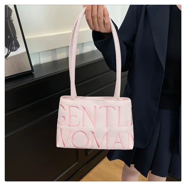 Pink Satin Letter Embroidered Shoulder Bag for Women — feature 21