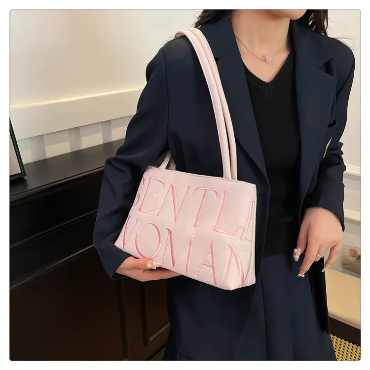 Pink Satin Letter Embroidered Shoulder Bag for Women — feature 22