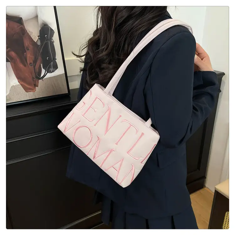 Pink Satin Letter Embroidered Shoulder Bag for Women — feature 23