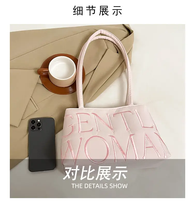 Pink Satin Letter Embroidered Shoulder Bag for Women — feature 5