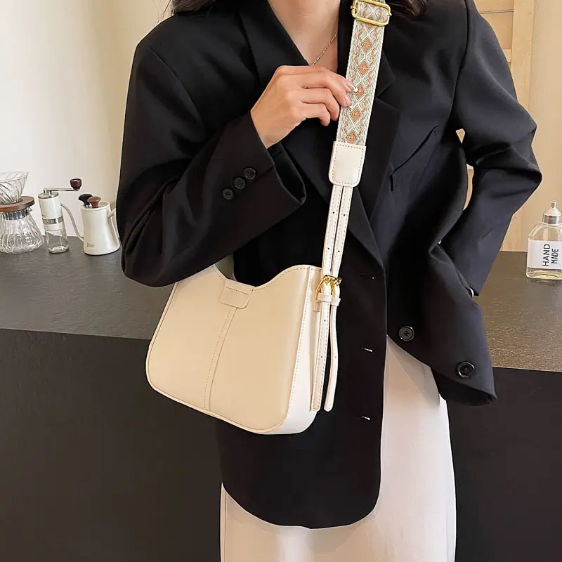 Women Crossbody Bag Brown Leather Wide Strap - Image 8