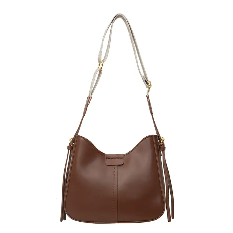 Women Crossbody Bag Brown Leather Wide Strap - Image 4