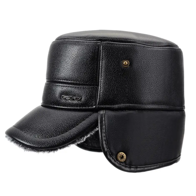 Men's Black Leather Winter Ear Protection Hat with Fleece Lining - Image 5