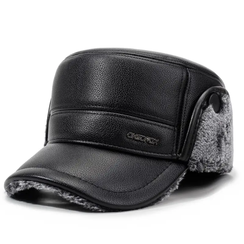 Men's Black Leather Winter Ear Protection Hat with Fleece Lining - Image 2