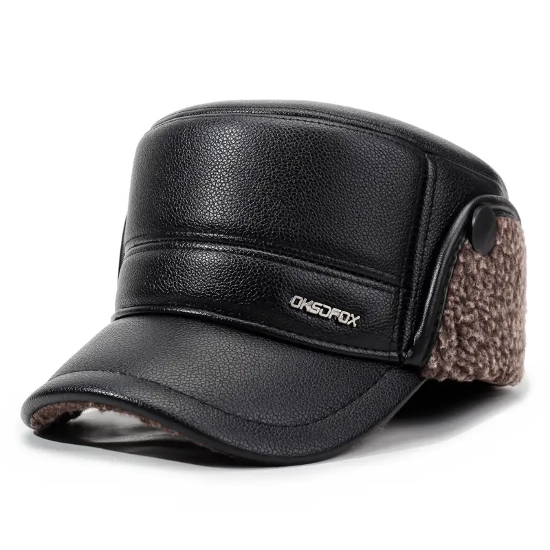 Men's Black Leather Winter Ear Protection Hat with Fleece Lining - Image 3