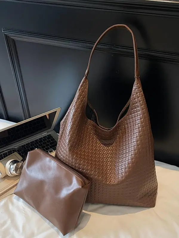 Brown Woven Shoulder Bag for Women Large Capacity - Image 6