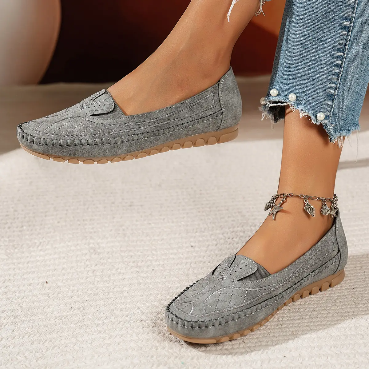 Women's Grey Stitched Loafers Large Export Style