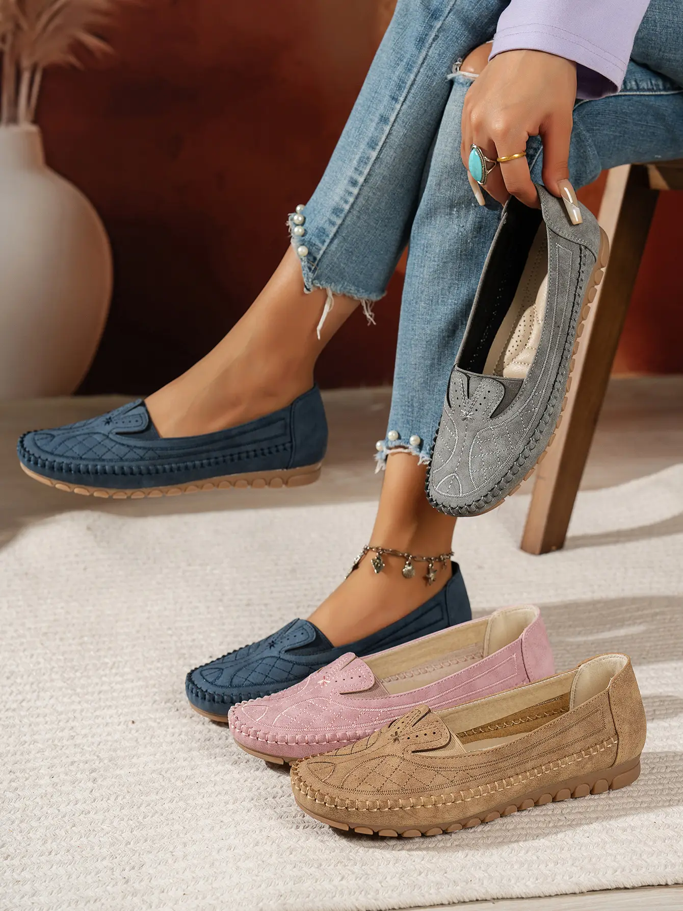 Women's Grey Stitched Loafers Large Export Style — feature 1