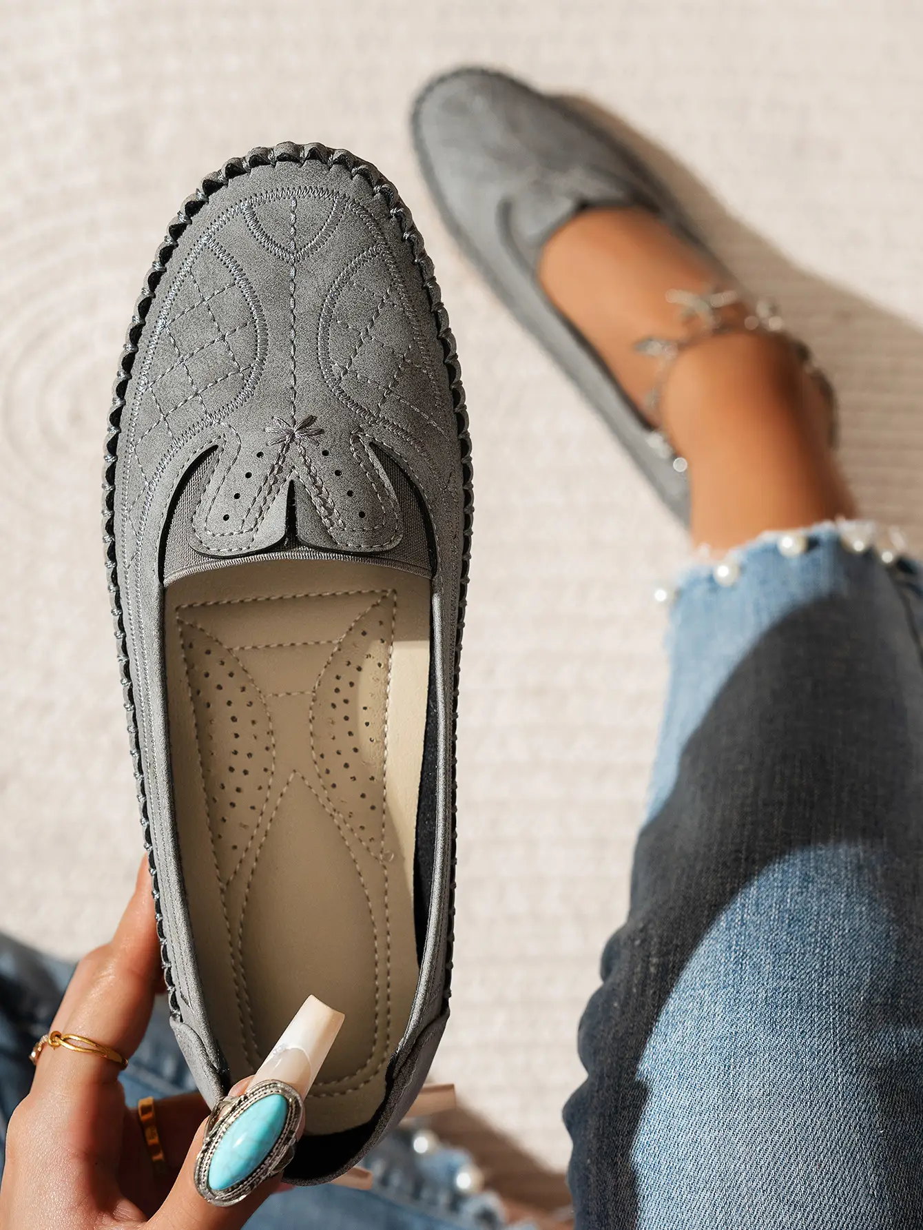 Women's Grey Stitched Loafers Large Export Style — feature 13