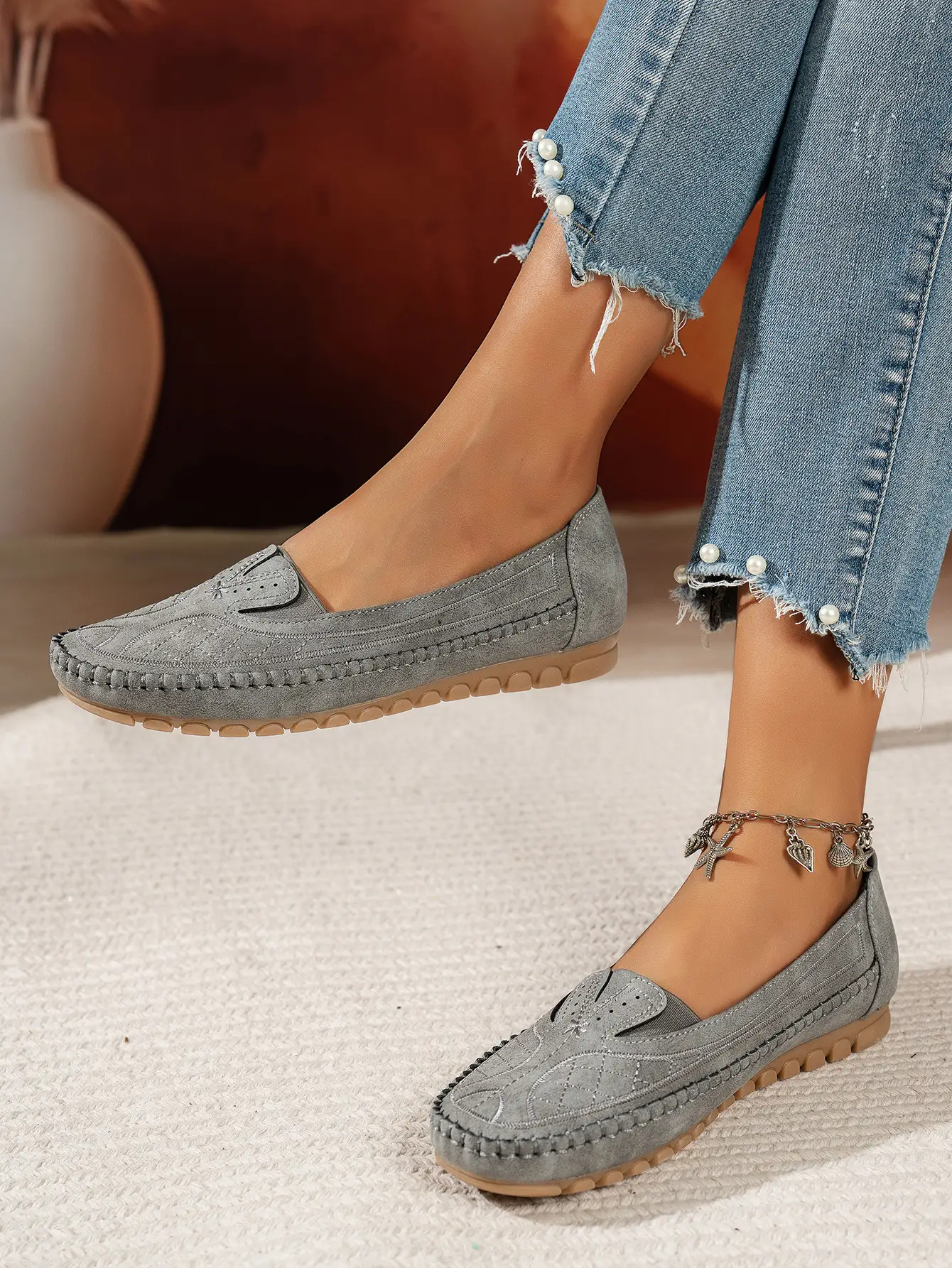 Women's Grey Stitched Loafers Large Export Style — feature 14