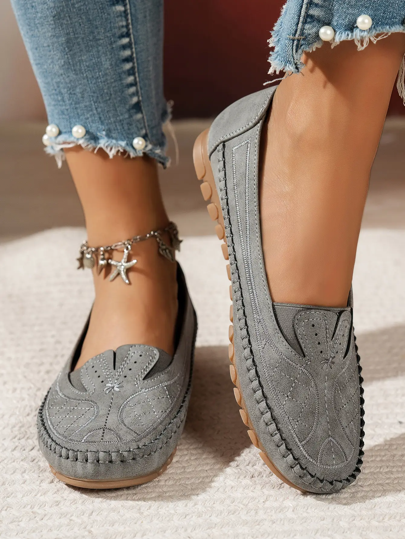 Women's Grey Stitched Loafers Large Export Style — feature 15