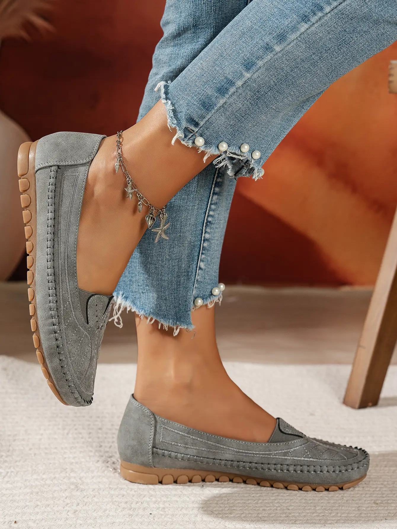 Women's Grey Stitched Loafers Large Export Style — feature 16
