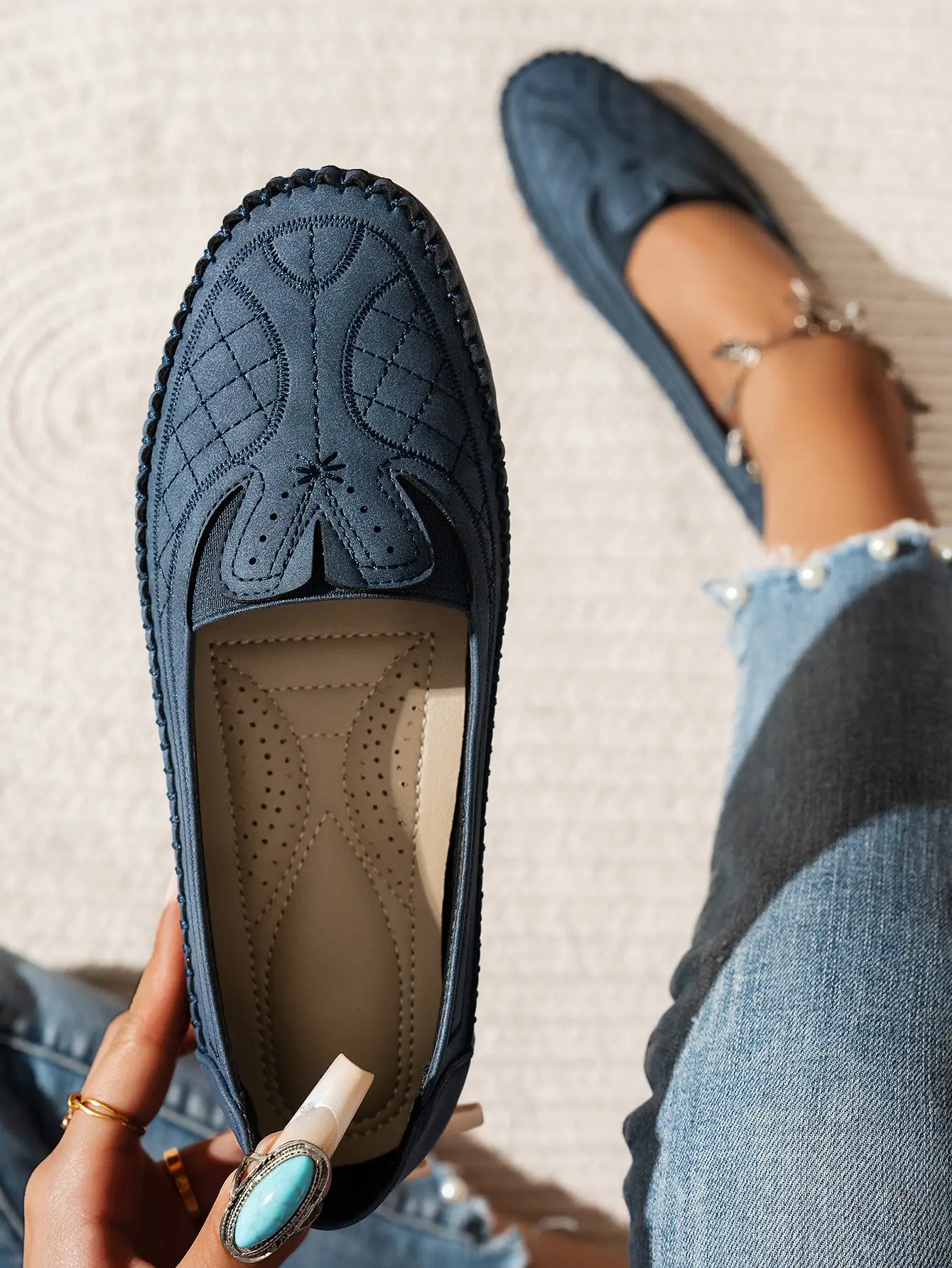 Women's Grey Stitched Loafers Large Export Style — feature 2