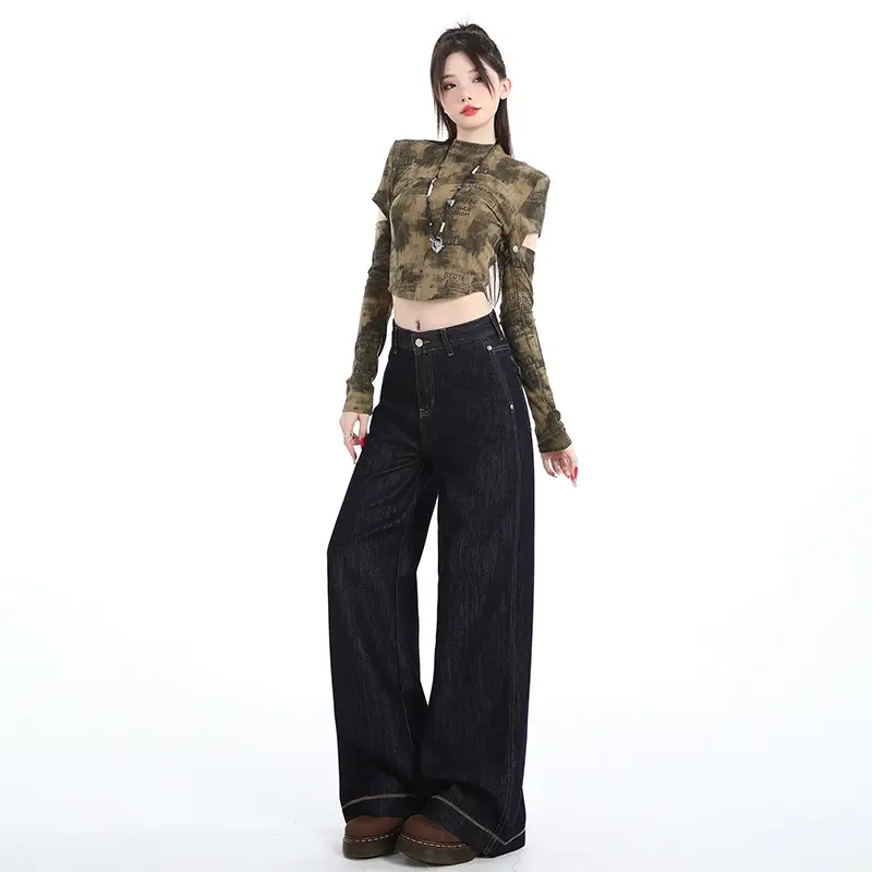 Dark Blue Wide Leg Jeans for Women Loose Slim Fit