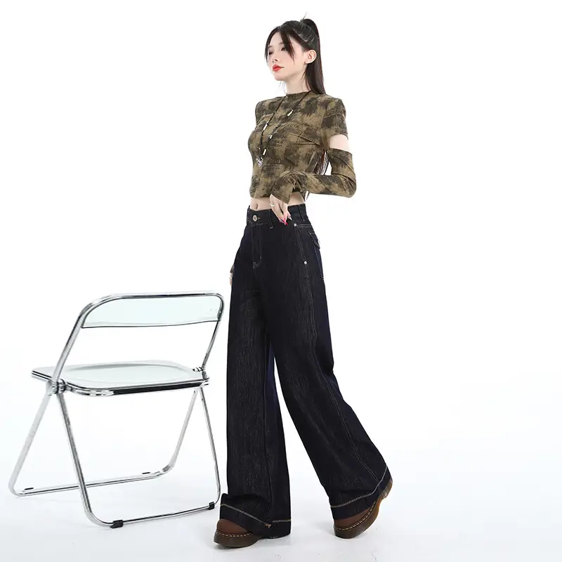 Dark Blue Wide Leg Jeans for Women Loose Slim Fit