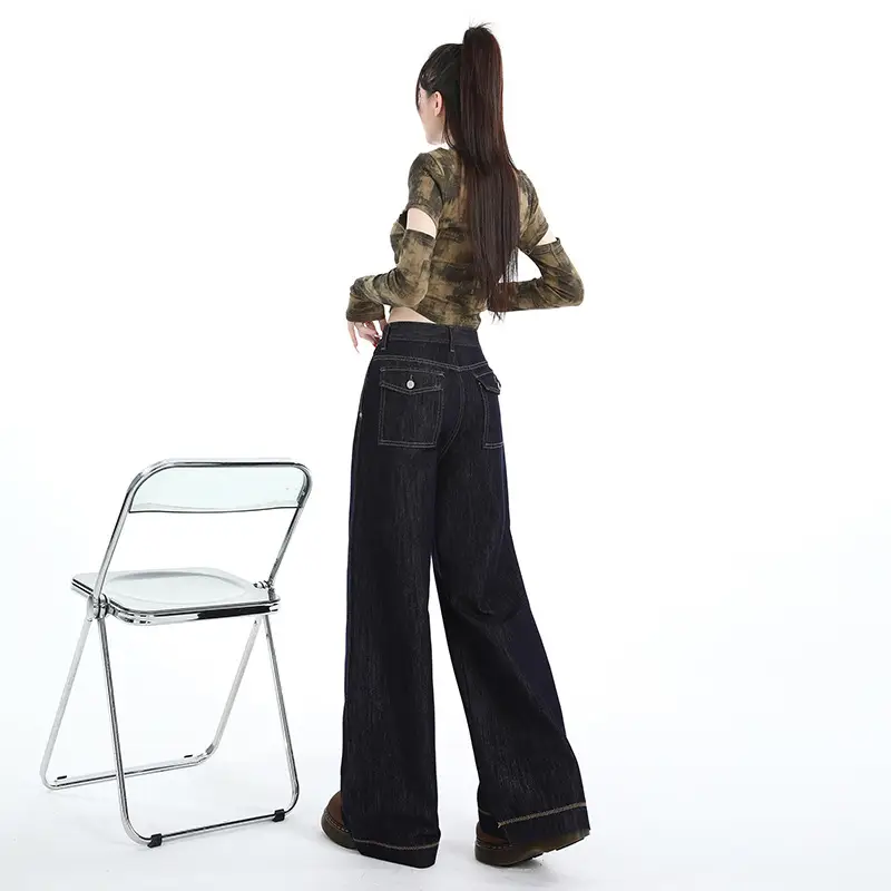Dark Blue Wide Leg Jeans for Women Loose Slim Fit