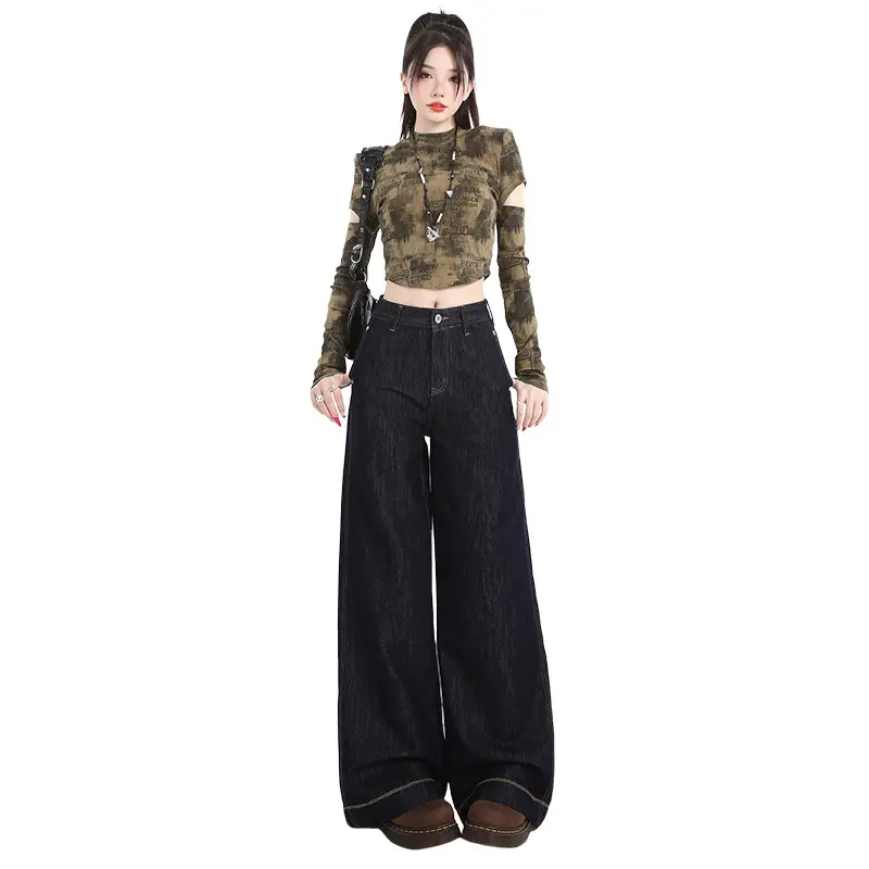 Dark Blue Wide Leg Jeans for Women Loose Slim Fit