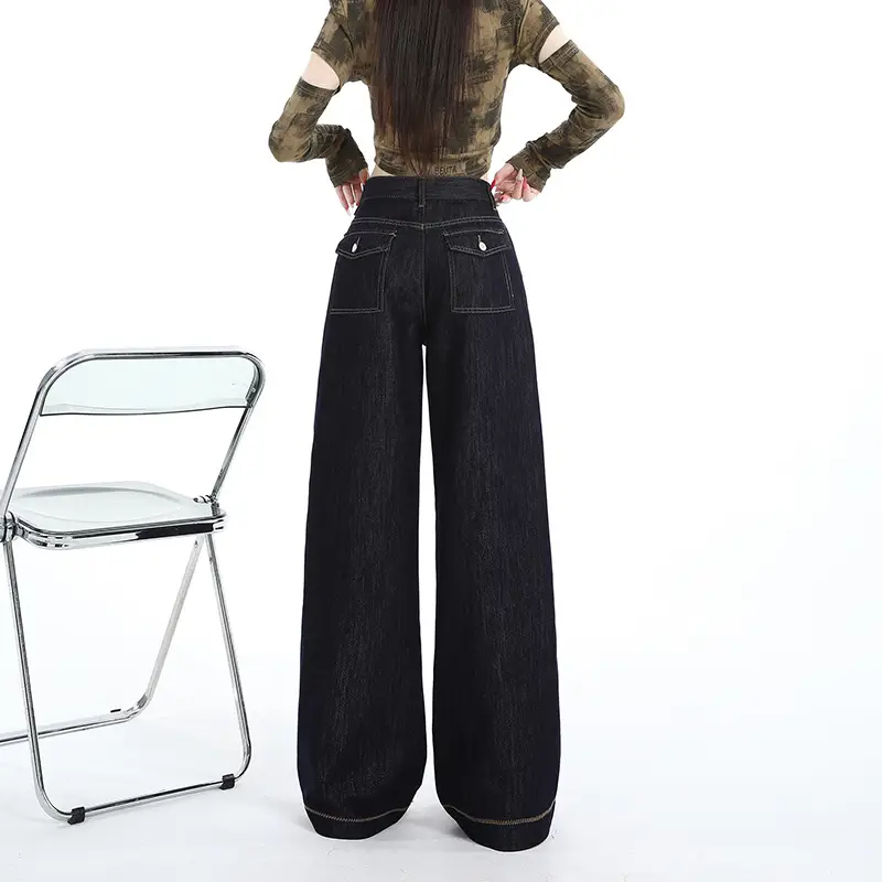Dark Blue Wide Leg Jeans for Women Loose Slim Fit
