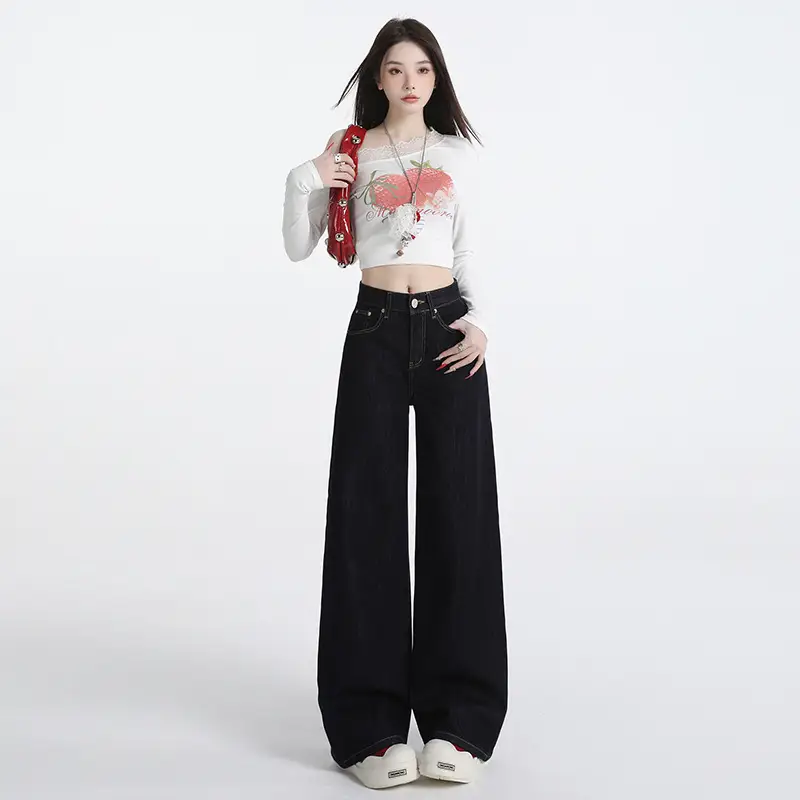 Wide Leg Jeans Women Dark Blue Autumn Winter Loose Fit