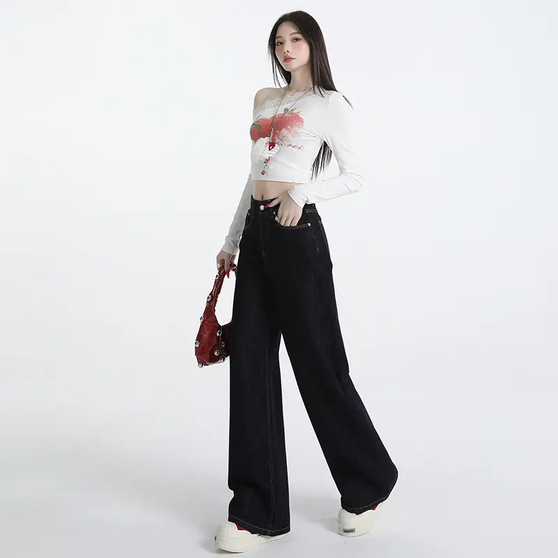 Wide Leg Jeans Women Dark Blue Autumn Winter Loose Fit