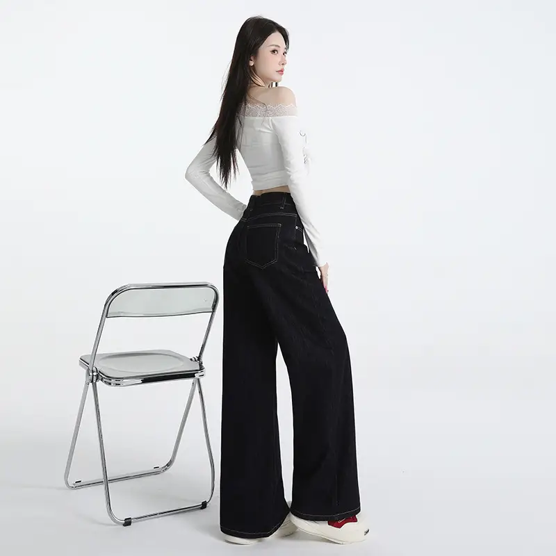 Wide Leg Jeans Women Dark Blue Autumn Winter Loose Fit