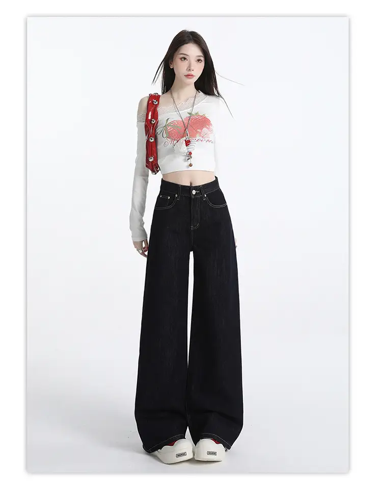 Wide Leg Jeans Women Dark Blue Autumn Winter Loose Fit — feature 10