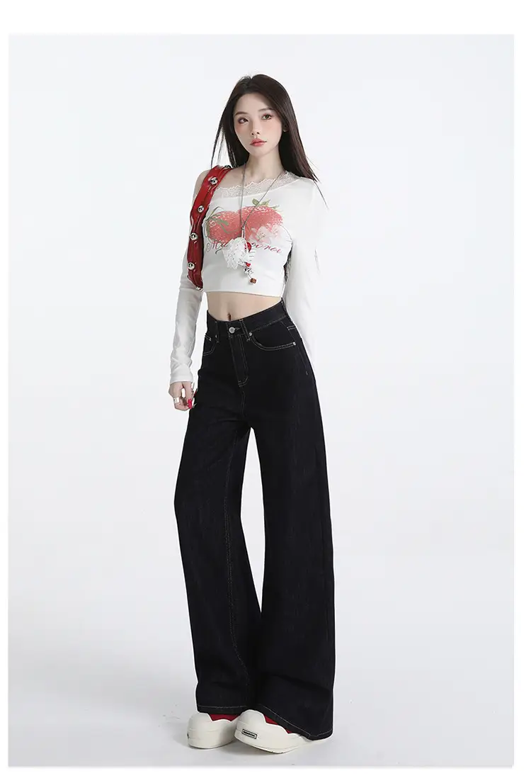 Wide Leg Jeans Women Dark Blue Autumn Winter Loose Fit — feature 11