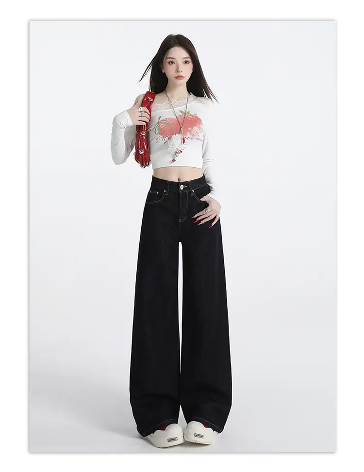 Wide Leg Jeans Women Dark Blue Autumn Winter Loose Fit — feature 12