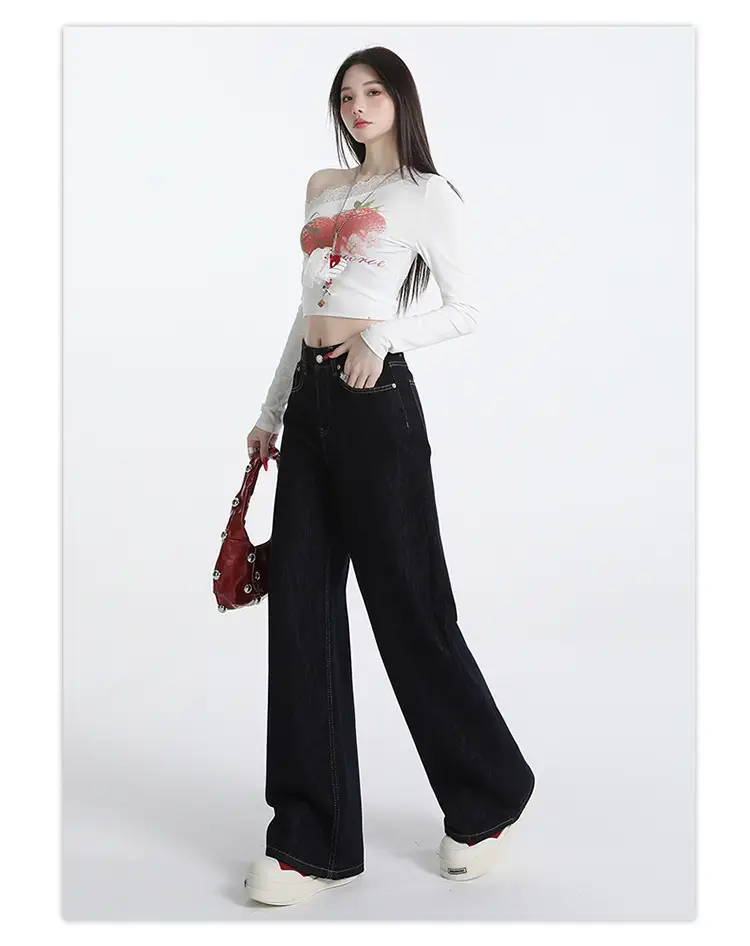 Wide Leg Jeans Women Dark Blue Autumn Winter Loose Fit — feature 13