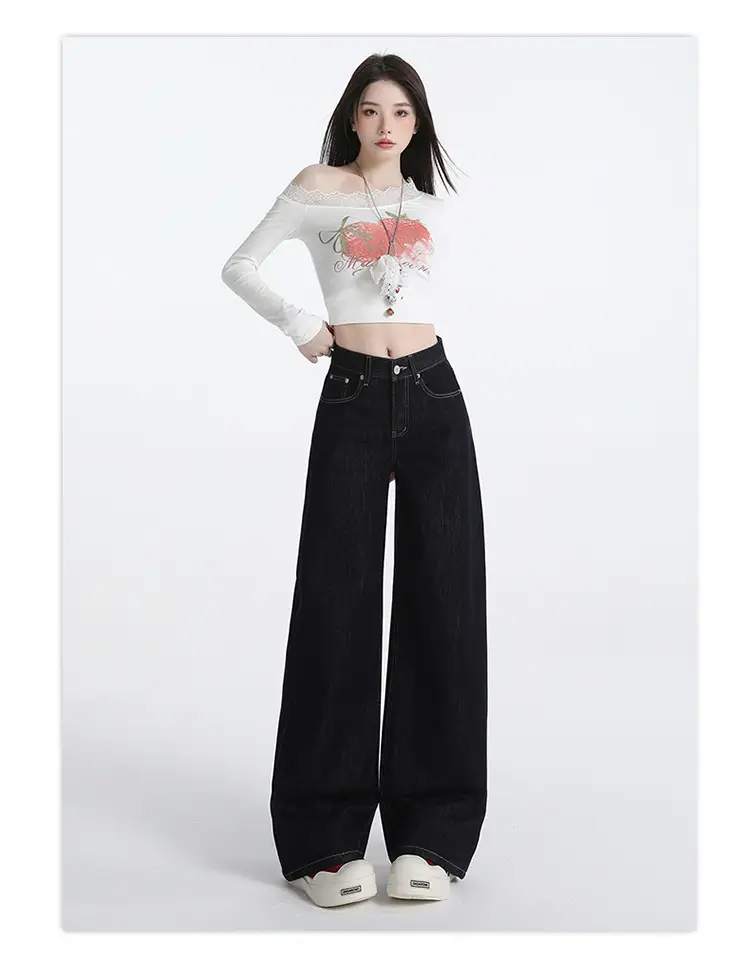 Wide Leg Jeans Women Dark Blue Autumn Winter Loose Fit — feature 15