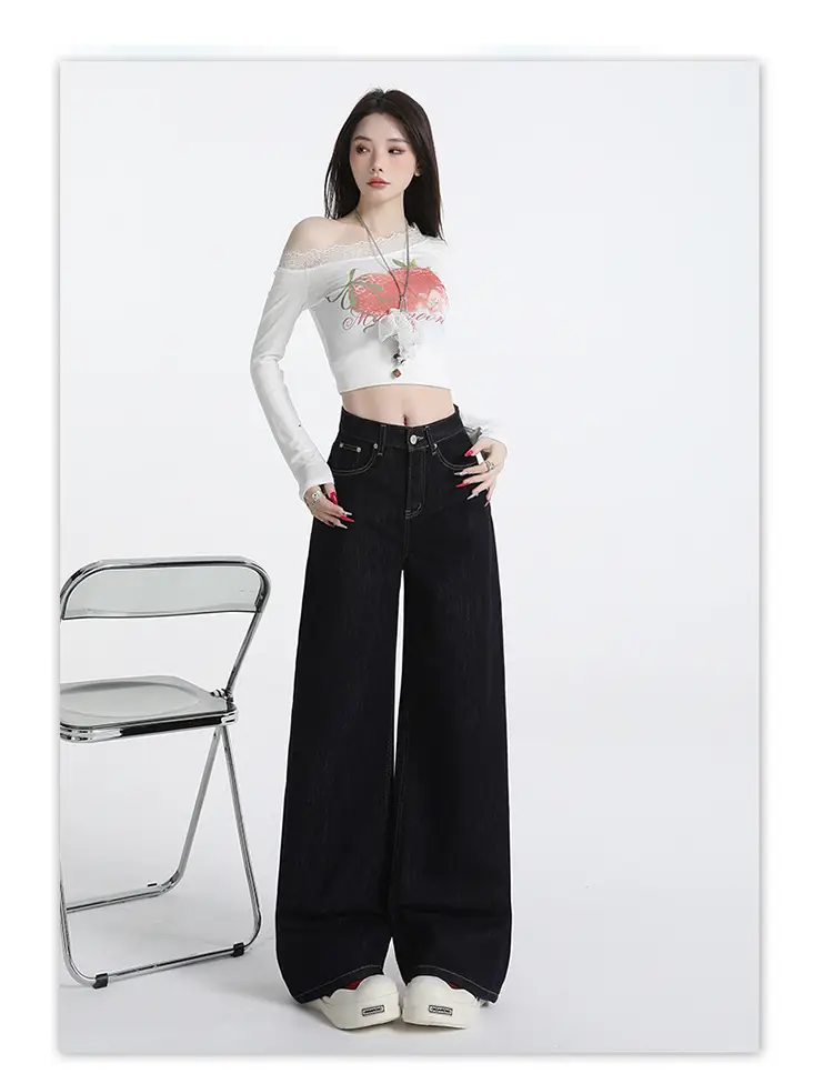 Wide Leg Jeans Women Dark Blue Autumn Winter Loose Fit — feature 16