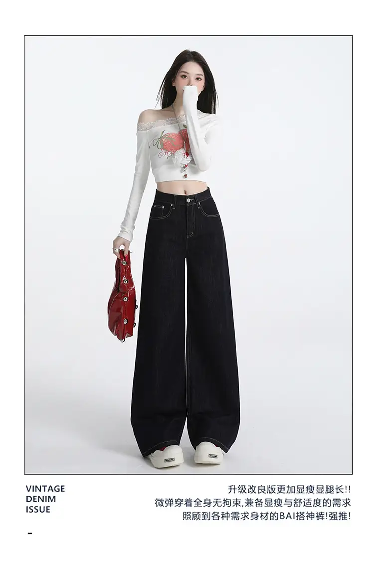 Wide Leg Jeans Women Dark Blue Autumn Winter Loose Fit — feature 5