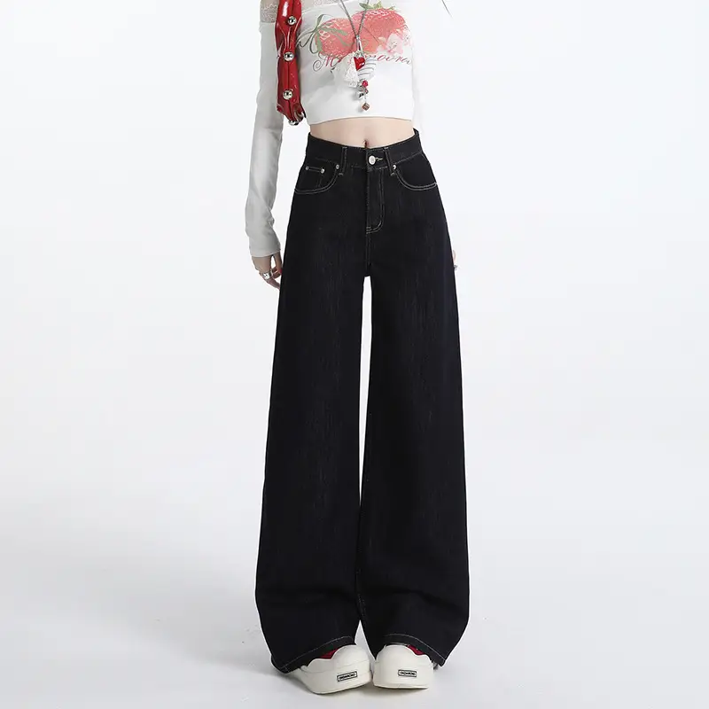 Wide Leg Jeans Women Dark Blue Autumn Winter Loose Fit