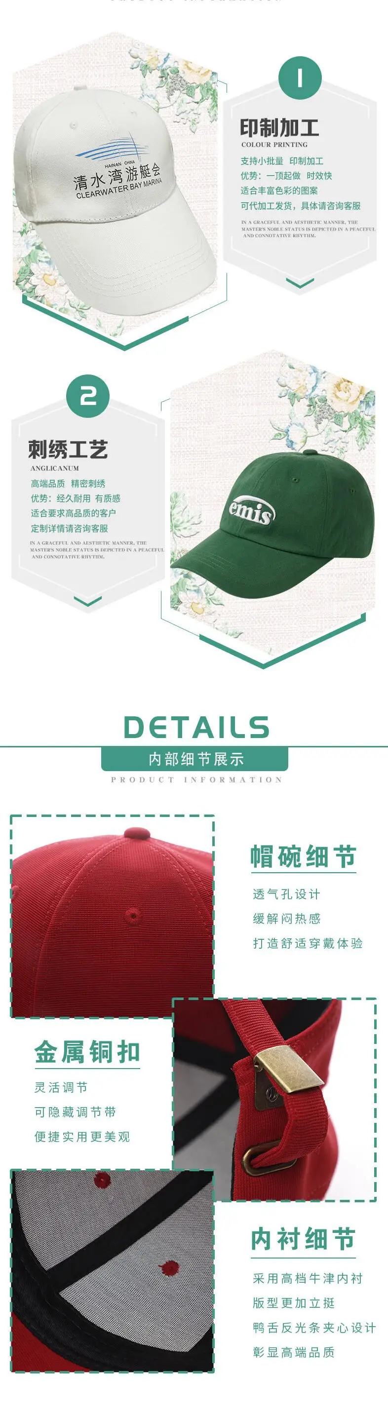 Gray Six-Piece Baseball Cap with Logo Print — feature 8