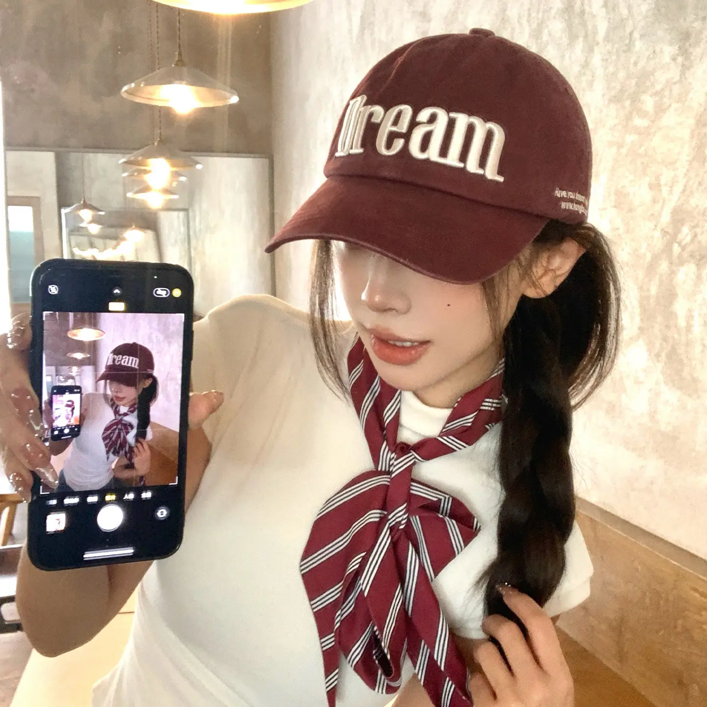Women Letter Embroidered Baseball Cap Cream Wide Brim